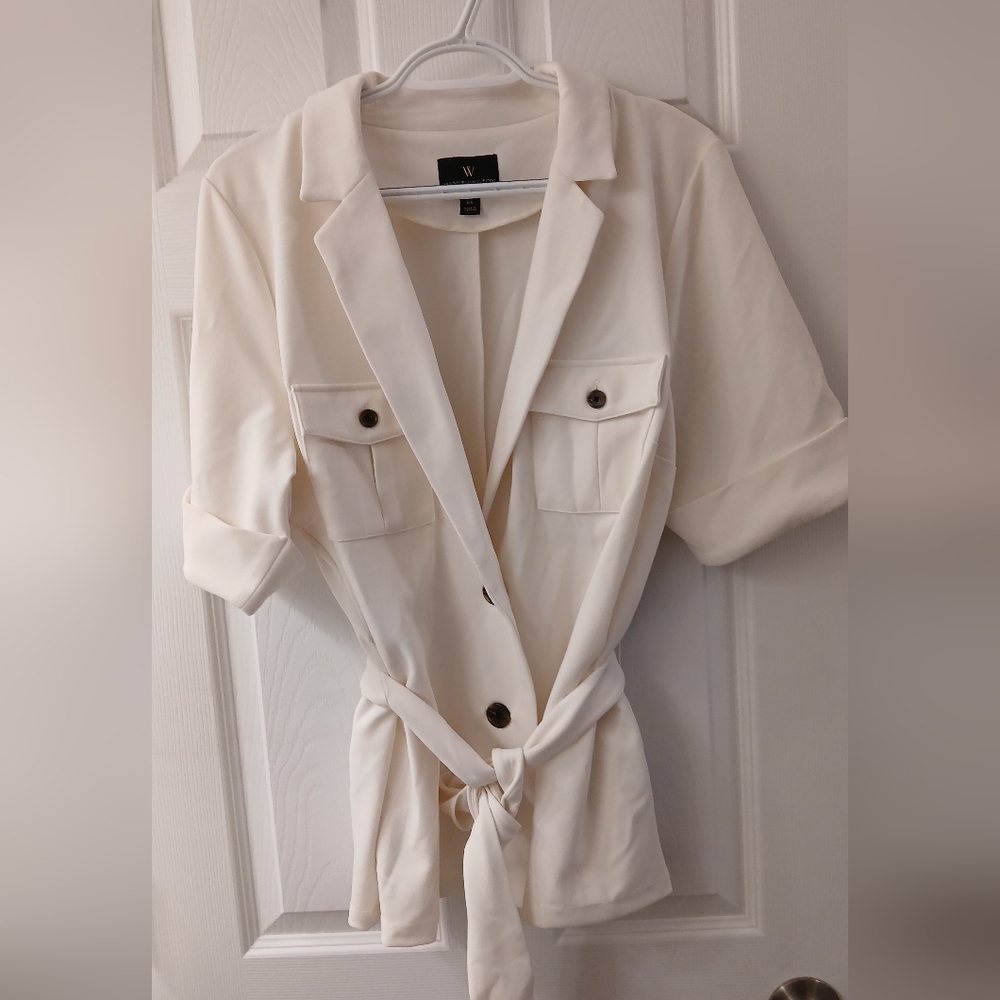Worthington Cream Short Sleeve Blazer Jacket 0X – Belted Waist & Chest Pockets